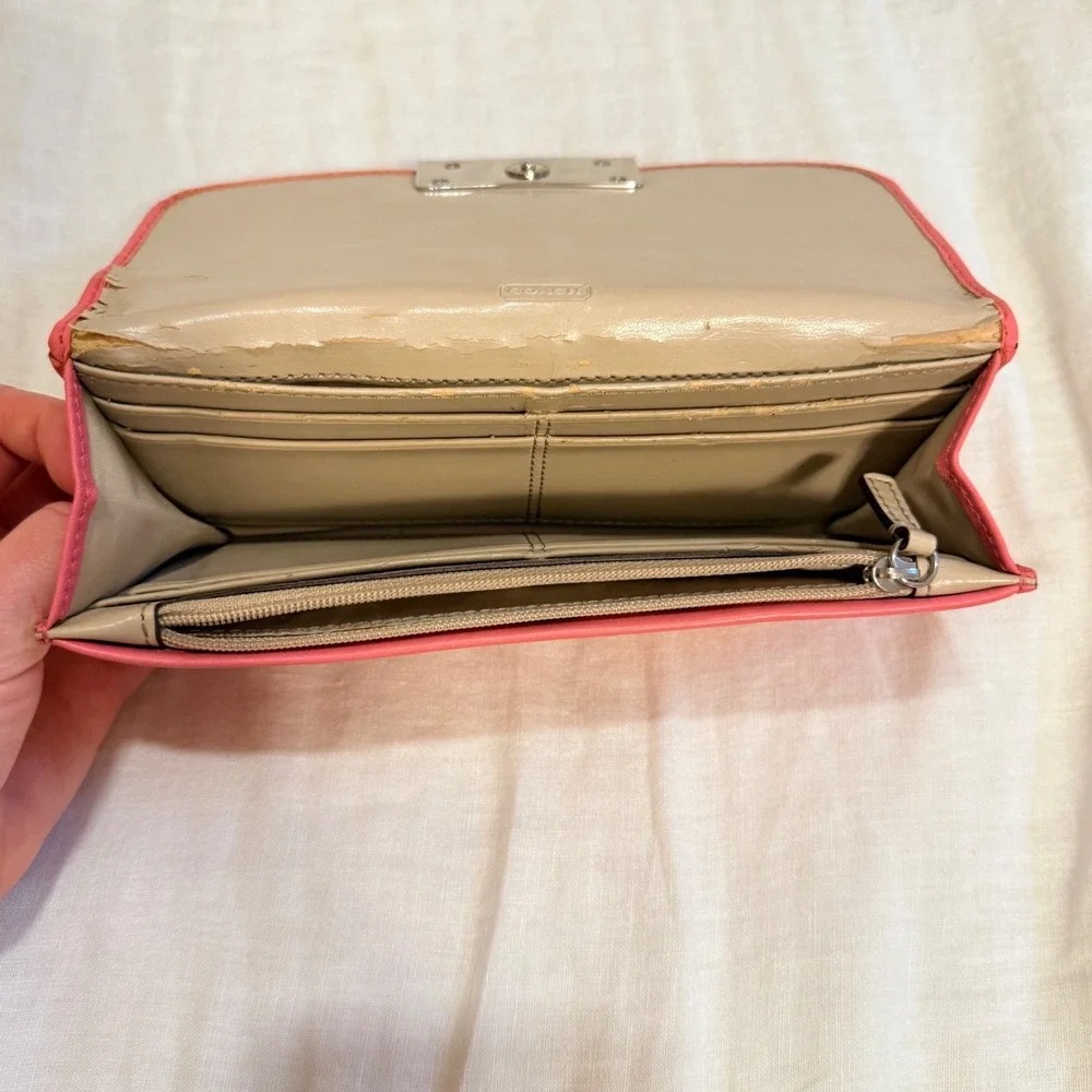 Coach Coral Pink Leather Slim Envelope Turnlock Wallet Silver Hardware